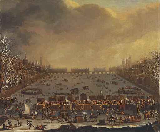 Frost Fair on the Thames with London Bridge in the background.