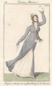 A Regency redingote where the fastenings are only over the bodice.